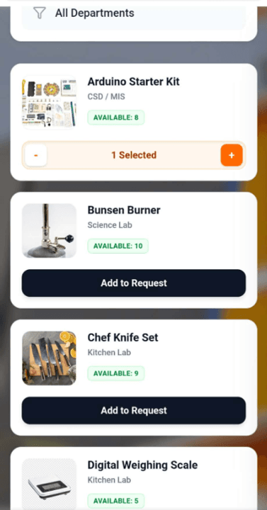 Equipment catalog with real-time availability and quantity selection.