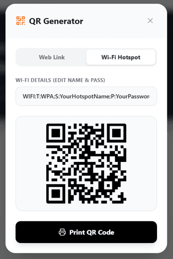 QR-based offline network pairing for local-only access.
