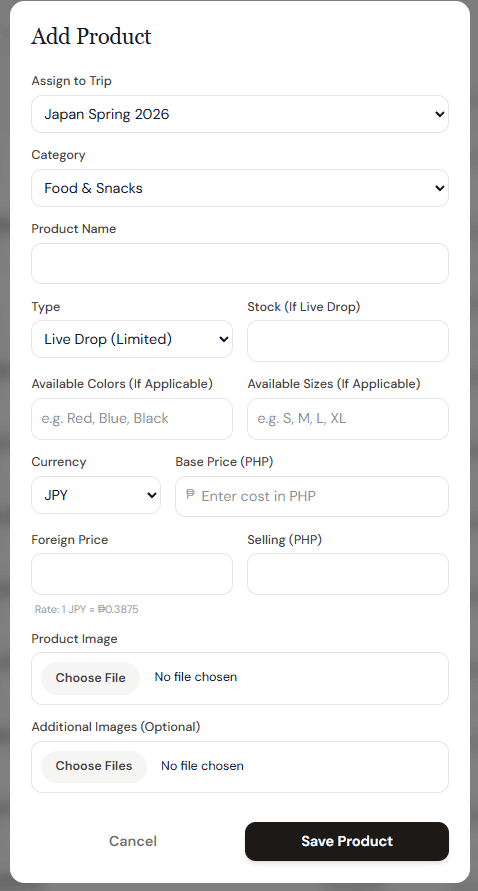Product intake form mapping trips, variants, and JPY-to-PHP pricing.