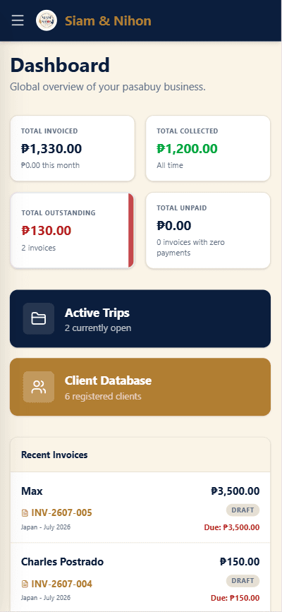 Responsive mobile dashboard with real-time financial rollups and active trips.