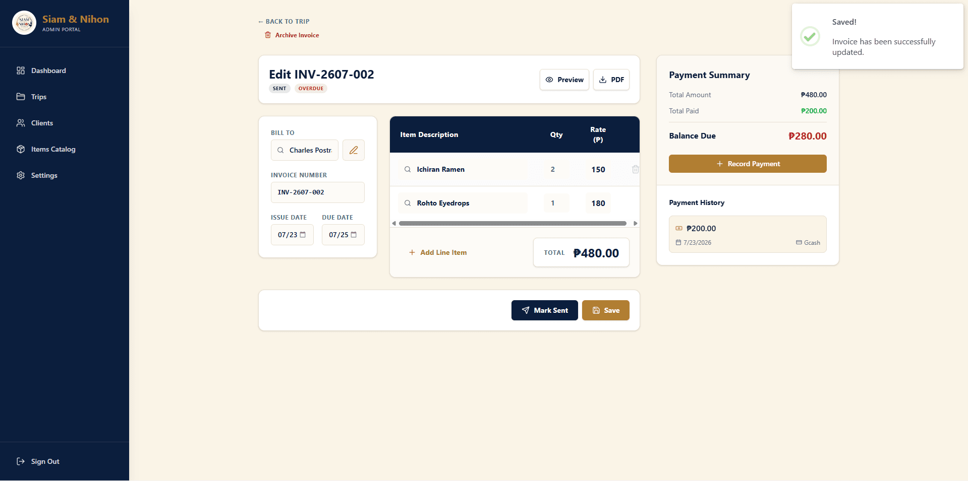 Interactive invoice editor with live total calculations and instant toast alerts.