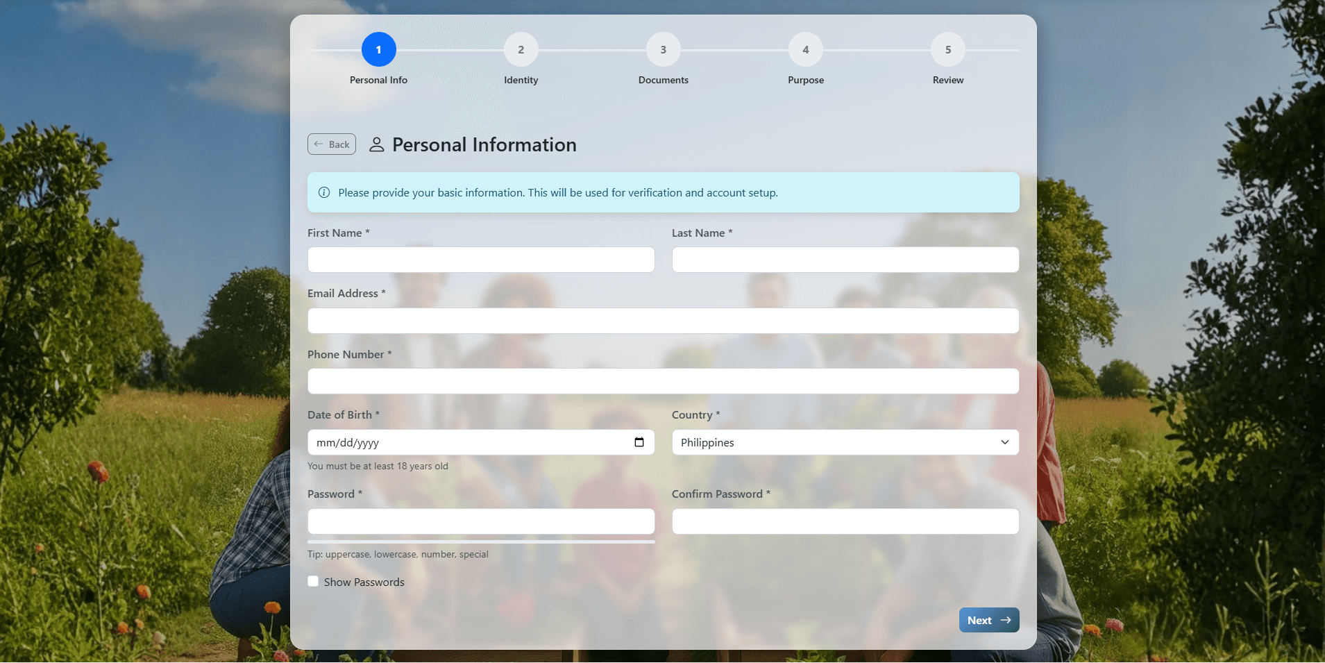 Multi-step identity verification for campaign organizers.
