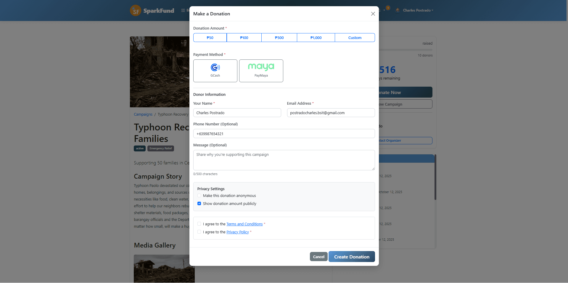 Donation flow with GCash and PayMaya payment options.