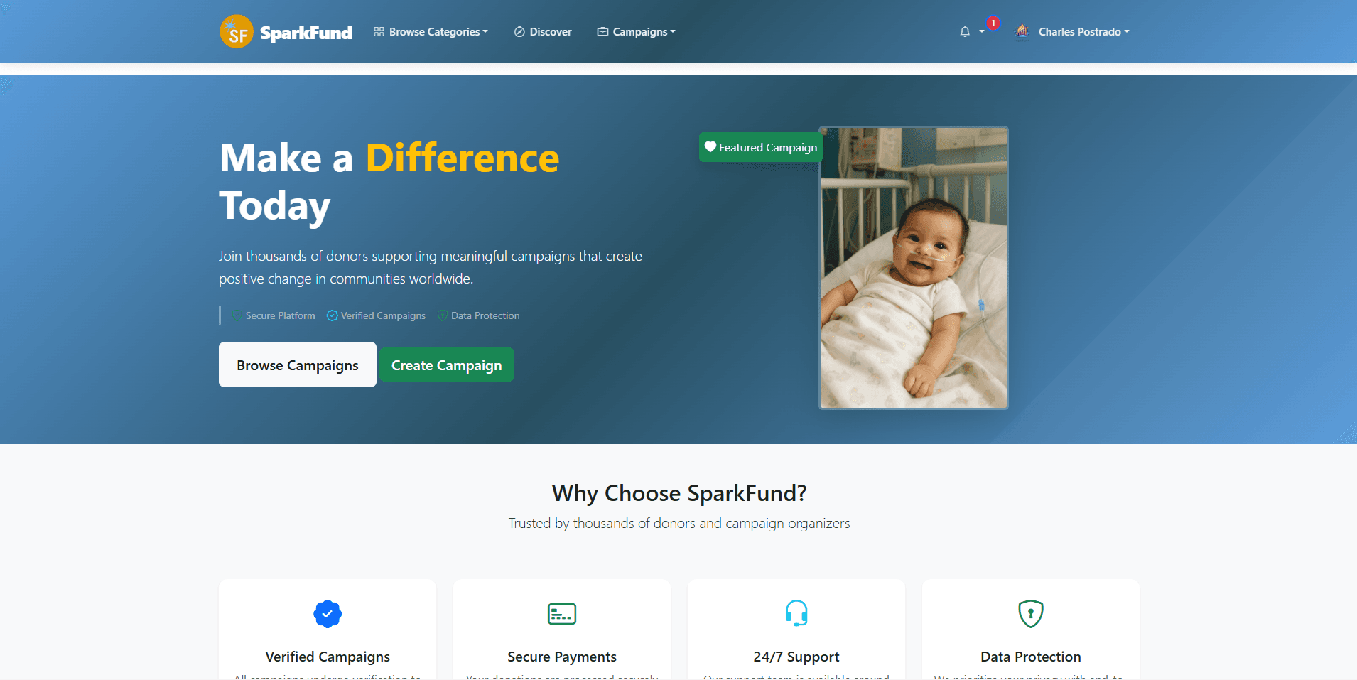 Campaign discovery landing page with featured campaign.