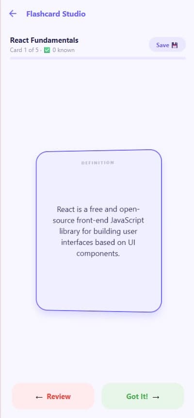 Tapping a card reveals the AI-generated definition, accompanied by intuitive decision buttons to help users self-assess and track their learning progress.