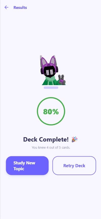 A dynamic success state that calculates the user's retention score and leverages the Sparky mascot to encourage consistent study habits.