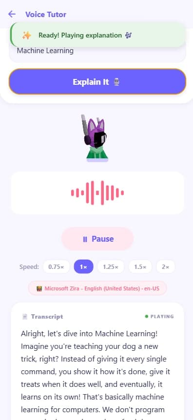 The active audio lesson features real-time playback controls, dynamic speed adjustments, and a live-scrolling text transcript powered by Expo Speech.