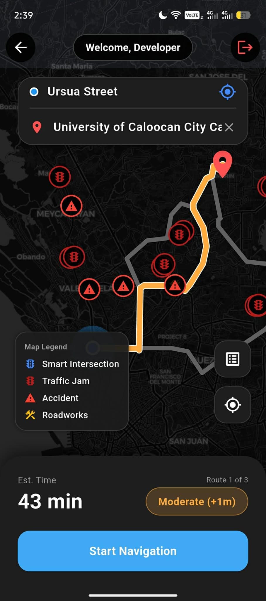 Companion navigation app showing live intersection status and traffic alerts.